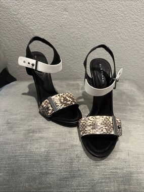 Elie Tahari Black, White & Snake-Print Open-Toe Ankle Strap Heels